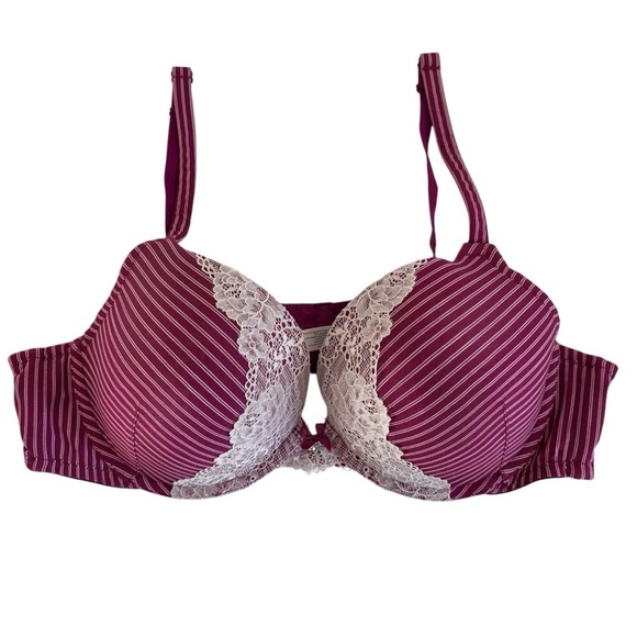 Cacique Smooth Boost Plunge Bra 44B With Lace Purple White Striped U Back - Picture 1 of 6